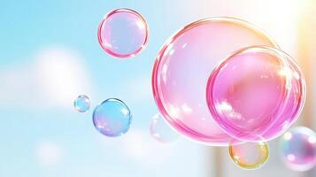 Iridescent soap bubbles drifting against azure sky, catching golden sunlight with wispy clouds softening background photo