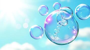 Iridescent soap bubbles drifting against azure sky, catching golden sunlight with wispy clouds softening background photo