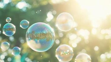 Iridescent soap bubbles drifting against azure sky, catching golden sunlight with wispy clouds softening background photo