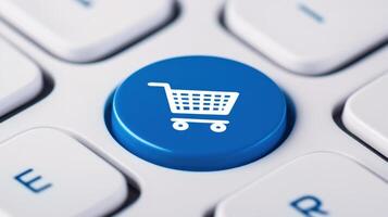 Blue button with a shopping cart icon on a white keyboard, representing an online store or e-commerce concept photo