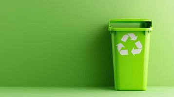 Green recycling bin with recycle symbol stands against a matching green backdrop, symbolizing environmental awareness and waste reduction photo