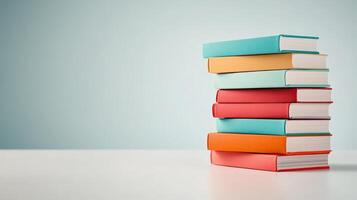 Hardcover books stacked neatly, creating a vibrant arrangement against a minimalist backdrop, symbolizing learning and education photo