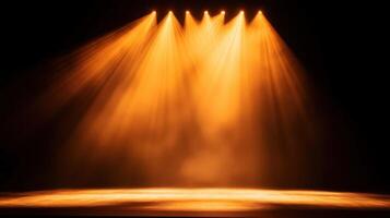 Glowing orange spotlights casting dramatic shadows through smoke, highlighting theatrical stage lighting effects photo
