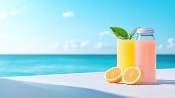 Vibrant fruit juice glasses garnished with lemon slices resting beside sparkling turquoise ocean, white table framing tropical beachscape photo