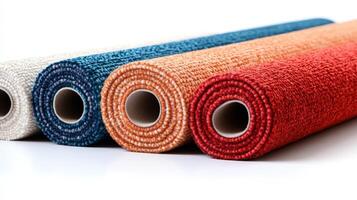 Four colorful carpet rolls on white background, showcasing different textures, materials, and colors, ideal for interior design and home renovation projects photo