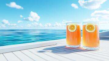 Vibrant fruit juice glasses garnished with lemon slices resting beside sparkling turquoise ocean, white table framing tropical beachscape photo
