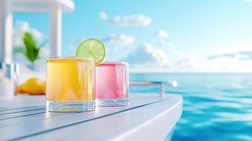 Vibrant fruit juice glasses garnished with lemon slices resting beside sparkling turquoise ocean, white table framing tropical beachscape photo