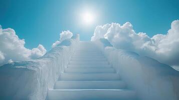 Marble stairway leading up through white clouds towards a bright light, symbolizing the path to heaven, afterlife, and spiritual ascension photo