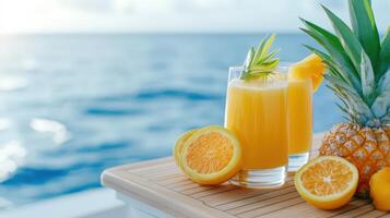 Vibrant fruit juice glasses garnished with lemon slices resting beside sparkling turquoise ocean, white table framing tropical beachscape photo