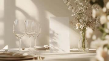 Soft sunlight highlighting elegant table arrangement featuring crystal wine glasses, blank menu mock up, and refined floral centerpiece preparing for luxurious wedding reception photo