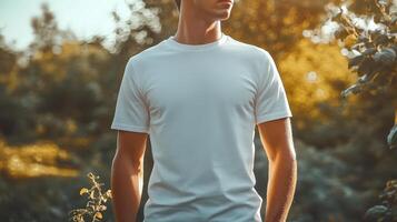 Close up of a white t shirt on a man standing in nature with hands in pockets, perfect mockup for your design photo