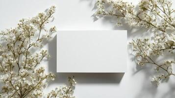 White flowers surrounding blank card mock up against pristine backdrop, offering minimalist wedding stationery or design element with elegant simplicity photo