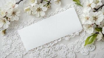 White blank mockup card featuring an embossed spring floral border, enhancing wedding stationery with spring flowers and lace for elegant invitations photo