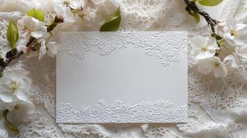 White blank mockup card featuring an embossed spring floral border, enhancing wedding stationery with spring flowers and lace for elegant invitations photo