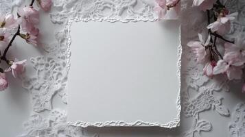 White blank mockup card featuring an embossed spring floral border, enhancing wedding stationery with spring flowers and lace for elegant invitations photo
