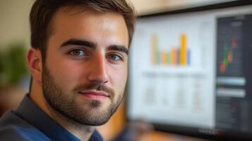 Close-up of a supply chain manager analyzing data on a computer screen, with graphs and charts showing key performance indicators photo