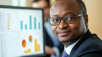 Close-up of a supply chain manager analyzing data on a computer screen, with graphs and charts showing key performance indicators photo