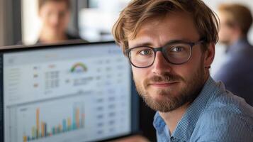 Close-up of a supply chain manager analyzing data on a computer screen, with graphs and charts showing key performance indicators photo