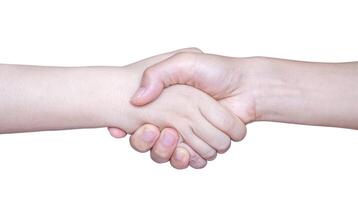 Man shaking hands with woman, white background photo