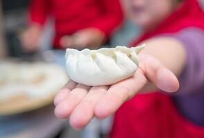 Young woman holding dumpling, showing her handmade art photo