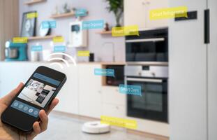 Smart home, Control electronic devices using mobile phones, operating system concept of future. photo