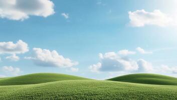 Lush green hills under a bright blue sky with fluffy clouds. photo