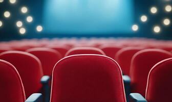 Empty red theater seats with a stage illuminated by soft lights. photo