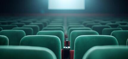 A row of empty green theater seats facing a projection screen. photo