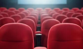 A row of red cinema seats in a theater setting. photo