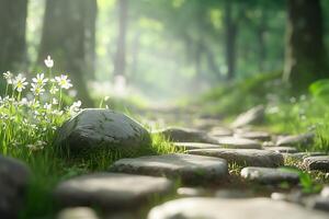 A serene forest path lined with stones and wildflowers. photo