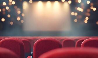 A view of empty red theater seats facing a large screen. photo