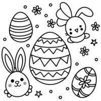 Black and White Line Art of Easter Eggs and Rabbit vector