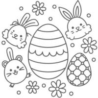 Line Art of Easter Rabbit and Eggs in Doodle Style vector