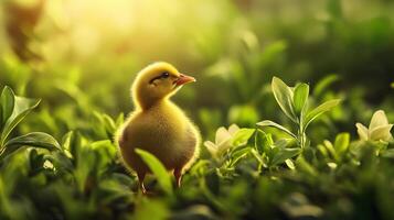 Baby duck is standing in a lush green field. Concept of innocence and purity, as the duck is a symbol of new life and growth. The bright green grass and sunlight create a peaceful photo