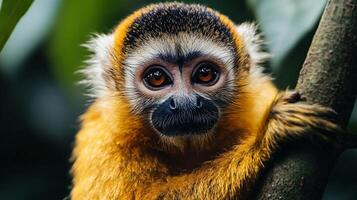Baby monkey with brown fur and a black nose is looking at the camera. The monkey is perched on a tree branch photo