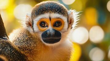 Baby monkey with a yellow face is looking at the camera. The monkey is sitting on a branch photo
