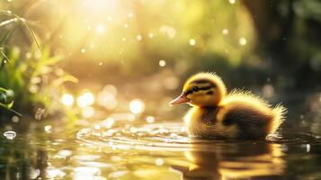 Baby duck is swimming in a pond. The duck is small and yellow. The pond is surrounded by grass and trees. The scene is peaceful and serene photo
