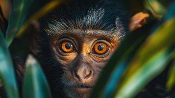 Baby monkey with big eyes and a black face is peeking out from behind some leaves. Concept of curiosity and playfulness, as the monkey seems to be exploring its surroundings photo
