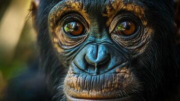 Baby monkey with a black face and brown eyes. The monkey is looking at the camera. Concept of curiosity and innocence photo