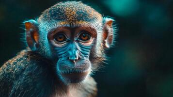 Baby monkey with brown fur and a blue face. The monkey is looking at the camera. The image has a calm and peaceful mood photo