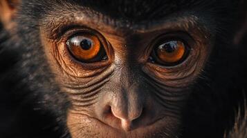 Baby monkey with brown eyes and a black face. The eyes are large and bright orange. The monkey's face is wrinkled and has a playful expression photo