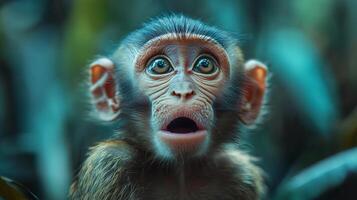 Baby monkey with its eyes wide open. Concept of curiosity and wonder as the baby monkey stares into the camera photo