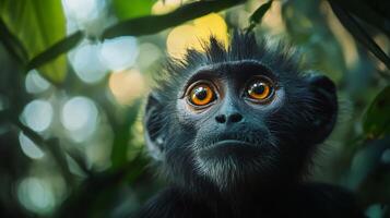 Baby monkey with a black face and orange eyes. The monkey is looking at the camera. The image has a playful and curious mood photo