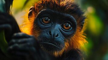 Baby monkey with a black face and orange fur. The monkey is looking at the camera. The image has a warm and friendly mood photo