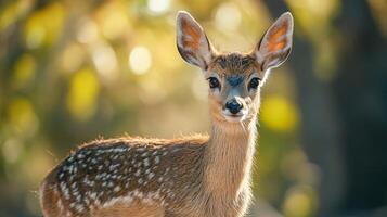 Baby deer with white spots on its face and brown fur. The deer is looking at the camera with a curious expression photo