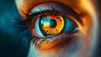 Close up of a person's eye with a bright orange iris. The eye is surrounded by a blurry reflection, giving the impression of a dreamy, surreal atmosphere photo