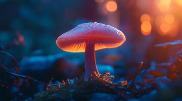 Mushroom is sitting on a rock in the woods. The mushroom is glowing in the dark, giving it a mystical and otherworldly appearance photo