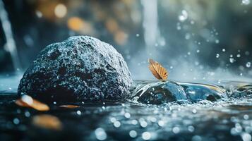 Rock is in the water with a leaf on top of it. The water is calm and the leaf is floating on top photo