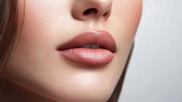 Woman's lips are painted with a bright red lipstick. Concept of confidence and boldness, as the woman's lips are the focal point of the picture photo