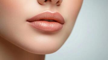 Woman's face with a lip liner and lipstick. The lips are red and the woman's face is smooth and clean photo